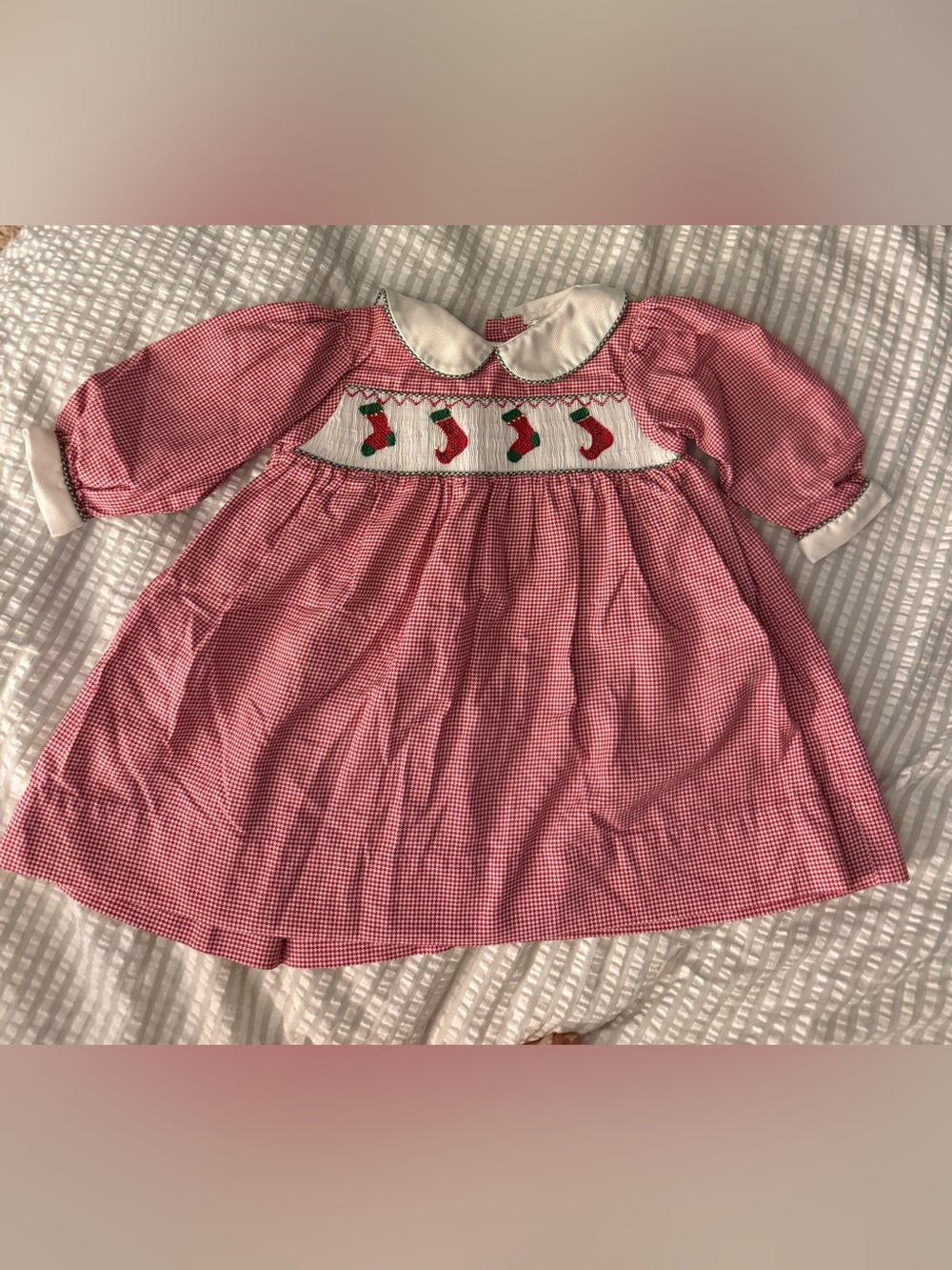 Petit Ami Red and White Smocked Christmas Stocking Dress 9M